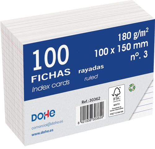 Dohe Karteikarten aus Karton, liniert, 100 Stück, Notizkarten, Größe A6 (15 x 10 cm), 180 g, Nr. 3, Büromaterial, Weiß