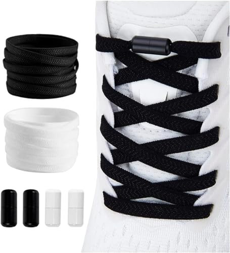 Shecret 2 Pares Cordones Elásticos, Cordones Elásticos Sin Nudo, Cordones Elásticos Planos con Cápsula de Metal, Cordones Ajustables, Cordones de Zapatillas Para Niños Adultos, Negro Blanco