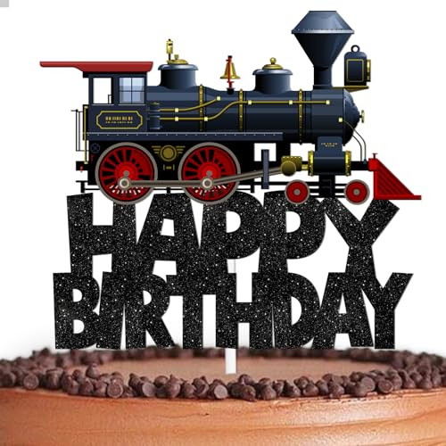 Black Glitter Happy Birthday Train Cake Topper Cheer to Transportation Railroad Crossing Theme Decor Supplies Baby Shower Children Boys Girls Happy Birthday Party Decorations