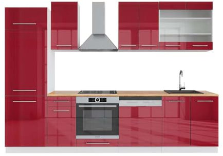 Vicco Küchenzeile Fame-Line, Küchenblock, Bordeaux Hochglanz/Weiß, 300 cm, AP Eiche