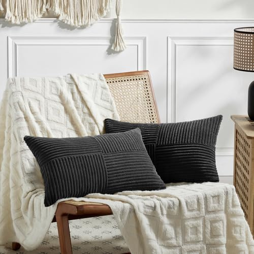 FDTERN 2er Set Schwarz Kordsamt Kissenbezug 40x80CM Weich Moderne Dekorative Kissenbezüge Kissenhülle Dekokissenbezug Sofakissen Dekokissen Boho Deko für Sofa Schlafzimmer Wohnzimmer Bett