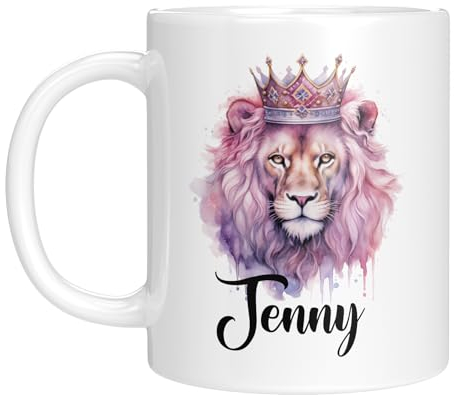 Tasse mit Namen - Namenstasse - Jenny - Tiermotiv - Löwe - Kaffeetasse personalisiert - lustige Geschenkidee - pink/weiß - Geburtstagsgeschenk - Frau