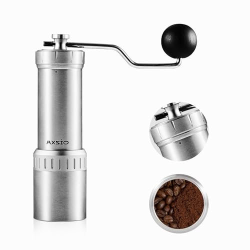 AXSIO Manual Coffee Grinder with CNC Stainless Steel Conical Burr,Hand Coffee Grinder for Home Use,External Adjustable Setting with 35g Capacity,Silver