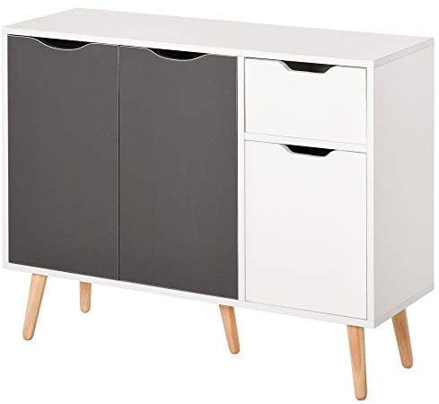 HOMCOM Aparador Moderno Aparador para Salón con 3 Puertas y Cajón Mueble Auxiliar para Salón Cocina Dormitorio 90x30x72 cm Blanco y Gris