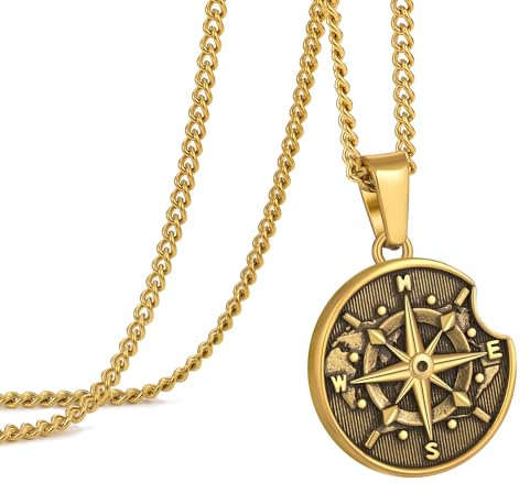 Murtoo Vintage-Gold Münze Halskette, Silberkette mit Kompassanhänger, Edelstahlkette, Geschenk für Herren 50cm