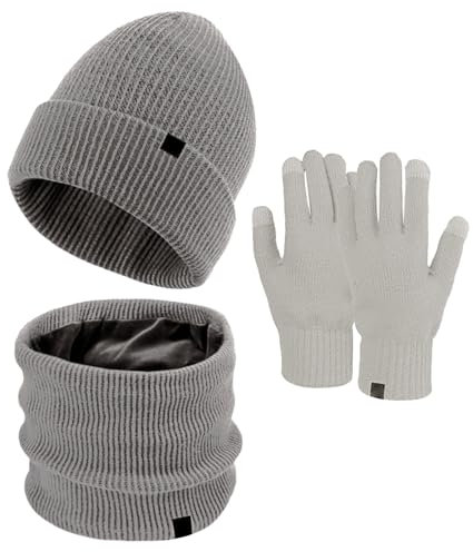 YCBMINGCAN Mütze Schal Handschuh Sets Für Damen 3 In 1 Set Gefütterte Strickmütze Mit Bommel Winterschal Touchscreen Handschuhe Mit Schal Und Winterhandschuhen Mützen Set Damen Winterset 3 Teilig