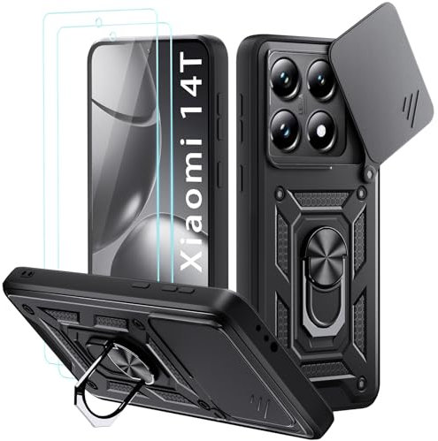 Yohii Cover per Xiaomi 14T 6.67, Con 2 Pack Vetro Temperato, 360° Metallo Anello Supporto Silicone Antiurto Custodia Robusta, Con Cavalletto E Protezione Schermo Integrata -Nero
