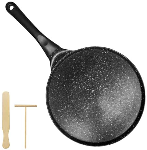 BAIFULAI Poêle à crêpes à induction - 27 cm - Anti-adhésive - Avec spatule et répartiteur - Poêle à pancakes - Poêle à omlette - Poêle à crêpes plate - Pour tous les types de feux - Sans PFOA et PFOS