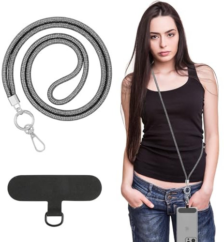MoKo Universal Phone Lanyard, Chaîne en métal pour téléphone Portable, Sangle Anti-vol détachable pour téléphone Portable de Femme, Cordon Autour du Cou avec Patchs pour iPhone, Cristal Noir