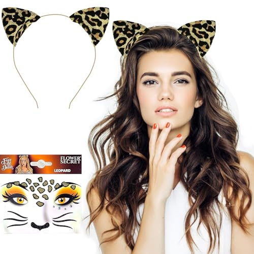 LXONTSG Karneval Leopard Set, Geparden Ohren Haarreif und Gepard Gesichts Tattoo, Leoparden Haarreif Kostüm, Kinder Party Leopard Haarreif, für Maskerade Party Zubehör (B)