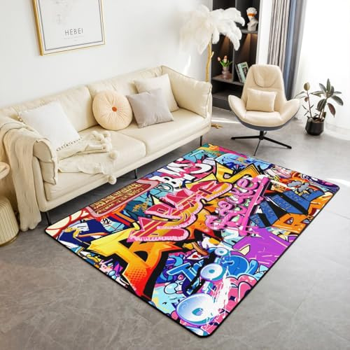 Loussiesd Hippie Graffiti Teppich 150x200cm für Kinder Jungen Mädchen Jugendliche Hip Hop Modern Teppich Graffiti Grafik Muster Grunge Art Dekor Küchenteppich