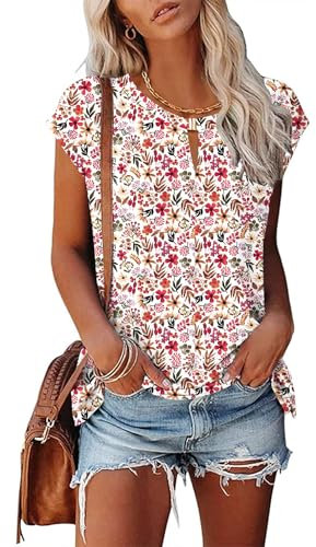 Rapbin Summer Tops for Women UK V Neck T-Shirt Womens Cap Sleeve Tee Shirt Loose Fit Basic T-Shirt Ladies Tunic Tops for Beach White with Red Flowers L