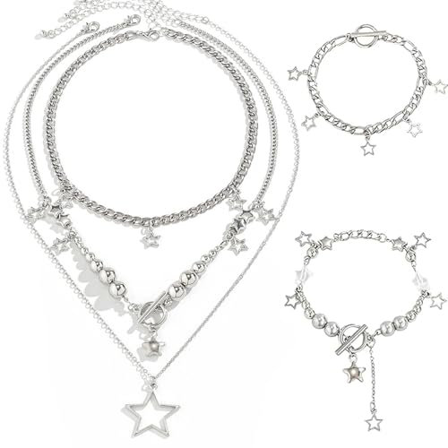 Ahaimy 3 Stück Schmuck Set, Vintage Schmuck, Silberne Stern-Halskette, Y2k Schmuck, Emo Schmuck, Y2k-Schmuckset Grunge-Halskette, Kette Stern, Weihnachts-Neujahr-Schmuckgeschenk Für Frauen