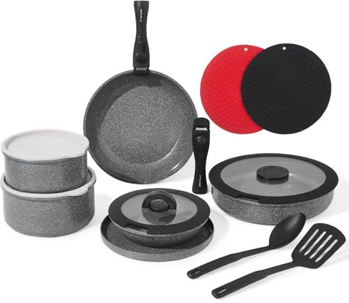 ESEVOLO Batterie de cuisine 16 pièces induction, Lot de Casseroles et Poêles avec poignées amovibles, Empilable, Revêtement Antiadhésif en Céramique sans PFAS, avec Crêpiere et Sauteuse, Gris