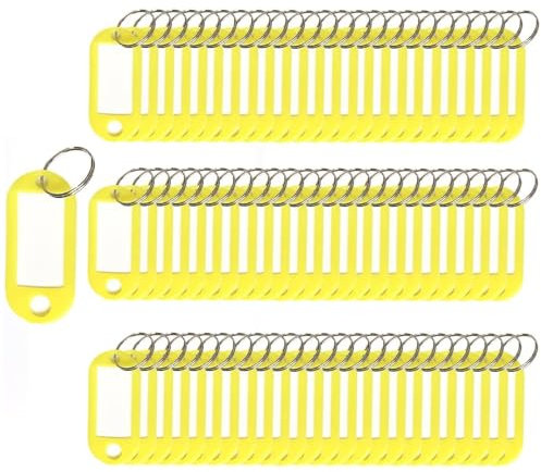 Lot de 100 porte-clés en plastique avec étiquettes d'identification pour bagages (jaune)