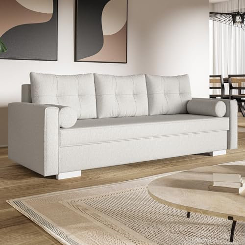 MOTIVENA Viena Sofagarnituren, 3 Sitzer Sofa mit Bettfunktion, Schlafsofa 215 cm Breit, Klappsofa mit Schlaffunktion, Bettsofa mit Schlaffunktion, Taschenfederkern (H3), Boucle Sofa Milch (Weiß)