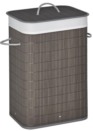 HOMCOM Bambus Wäschekorb mit Deckel 83L Wäschesammler mit Griffen Grau | Schmal, Herausnehmbarer Wäschesack, Laundry Baskets Wäschesortierer, für Waschküche Badezimmer Schlafzimmer