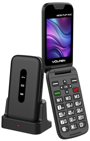 Volfen Nexo Flip MAX - Teléfono móvil de Tapa para Personas Mayores, Botones y Teclas Grandes, fácil de Usar, USB-C, 3 memorias directas, Base de Carga, Color Negro (Negro)