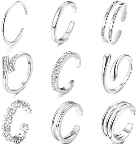 ShinyStyle J4You 9Pcs Silver Toe Rings for Women Non Tarnish Adjustable Silver CZ Flower Hug Band Toe Rings Summer Beach Waterproof Open Toe Ring Jewelry for Summer