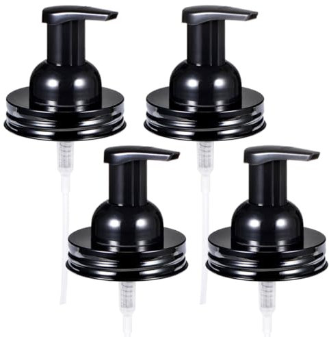 Amolliar Mason Jar Foaming Soap Dispenser Pump Lid, Refillable Plastic Pump, Rustproof Stainless Steel Lid for Regular Mouth Jar, Cute Farmhouse Decor, Hand Soap for Bathroom, Kitchen, Black 4 Pack