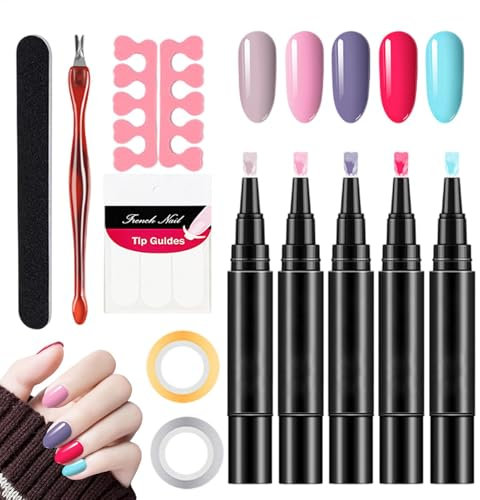 Hiemible Polishey Nail Polish Pens, 5 Colors Nail Varnish Pens Non UV, Nails Art Pens For Gel Polish, One-Steps Gel Pen, Painting Pen, 3In 1 For Women &