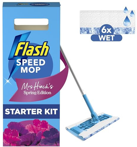 Flash Speedmop Mrs Hinch's Wet Mop Head Floor Cleaner Starter Kit For Cleaning Floors With Scrubbing Action, Includes: 1 Mop, 6 Wet Refills, Enchanted Wildflowers Scent