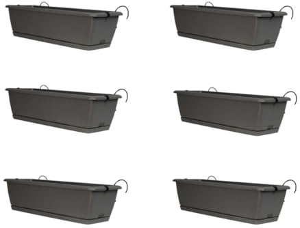 Planters Pride Ovaho 6-Pack of 60cm Hanging Plastic Troughs, Stone Grey | 26L Railing Planters with Hooks & Water Reserve | Self-Watering Fence Pots with Removable Saucer | Over-Fence Balcony Planters