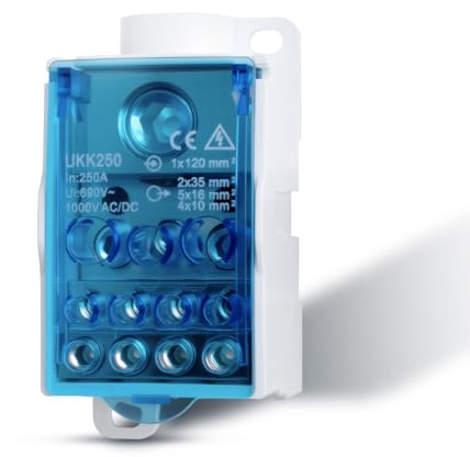 Innfeeltech 1Pcs Morsettiera di distribuzione 250A 1 In 11 Out, morsettiere su guida Din scatola di distribuzione blu Shell