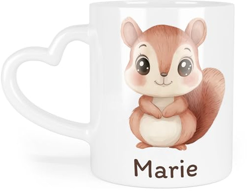 Kindertasse mit Namen Personalisiert, Personalisierte Tasse Kinder mit Eichhörnchen, Namenstasse Eichhörnchentasse, Kinderbecher als Geschenk zur Geburt, Taufe Weihnachten - Tasse Herzhenkel