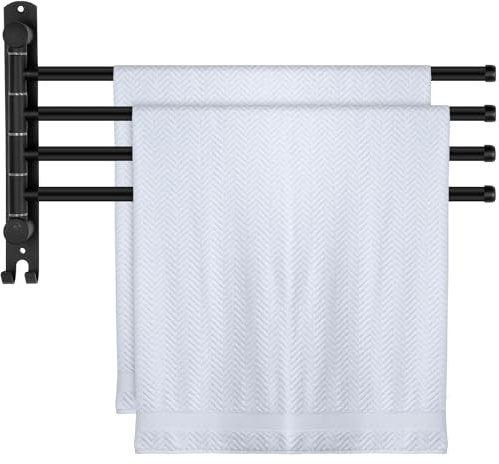 Teenyyou 20.4 Swivel Towel Rack 4 Arms 304 Stainless Steel Black | Wall Mount for Bathroom, Pool, Outdoor Shower, Space Saving Swivel Design, Rustproof 304 Stainless Steel, Hook Included