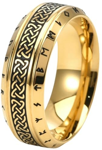 Jpltlvy Wikingerrune, Titanstahlring, keltischer Knoten, nordischer Schmuck für Männer, antiker vergoldeter Ring, mittelalterliches Geschenk für ihn.