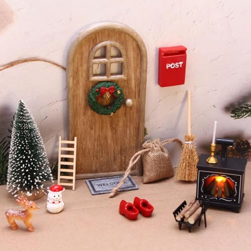 Weihnachtselfen-Garten-Miniaturen, 15 Stück, Weihnachts-Magic-Feentür-Dekorationsset, Holz, winzige Miniatur-Feentür, Weihnachten, Elfe, magische Tür, Wand, Feen, Winter, Weihnachten