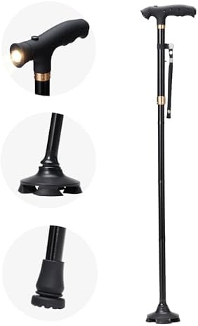 Sinocare Canne de Marche Pliable, Canne Légère et Portable avec | Base Pivotante 360° Poignée en T, Résistant 115kg, Réglable 85-95cm LED pour Adultes et Seniors