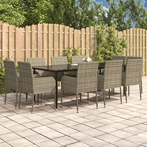 Tonture 11-TLG. Garten-Essgruppe mit Kissen Schwarz & Grau, Poly Rattan Outdoor Möbel Set, Terrassenmöbel für 10 Personen, Esstisch mit Stühlen, wetterfest