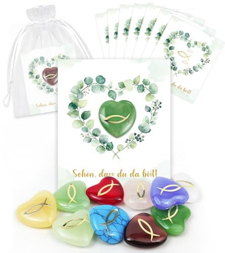 10 Set Gastgeschenke & Mitgebsel & Tischdeko Kommunion Konfirmation Firmung Taufe, Herz Glückssteine + Schön DASS du da bist Karte + Organzasäckchen, Glücksbringer Glückssteine für Kinder Erwachsene