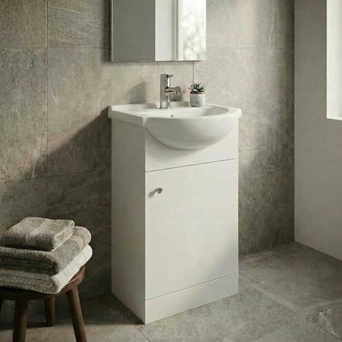 BAYSTONE 450mm Bathroom Vanity Unit Ceramic Basin Sink, Soft Close Door, Single Tap Hole Wash Basins, Freestanding, Furniture Storage Cabinet, Matt White