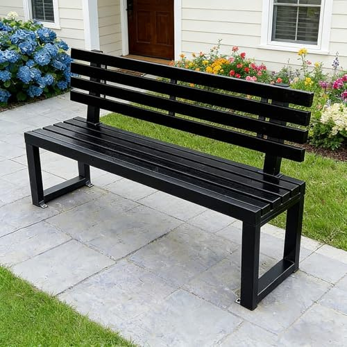 Gartenbank metall,Parkbank aus Holz,wetterfeste Outdoor Sitzbank,2/3-Sitzer Holzbank mit Rückenlehne,Holz und Metall,Ergonomische Bank mit Rückenlehne,ür Garten Veranda Hof 150cm/5ft Schwarz