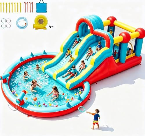 Kids Bounce House, Inflatable Water Slide, Kids Bouncy Castle with Blower, Inflatable Bouncy Castle with Kids Slide, Climbing Wall, Indoor Outdoor Children Jumping House Blow up Castle