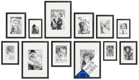 PHOTOLINI Echtholz-Bilderrahmen-Set mit Passepartout, 12er Rahmenset, Schwarz, Holzrahmen Made in EU, bruchsicheres Acrylglas, zum Aufhängen, extra Zubehör - für Fotos & Bilder
