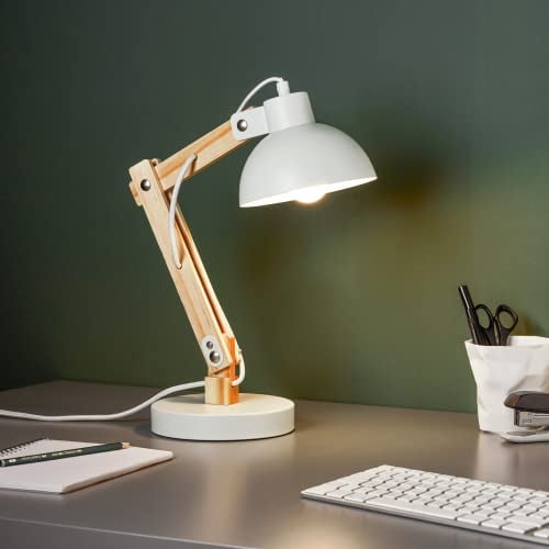Lightbox dekorative Schreibtischlampe - schwenkbare Tischleuchte - geeignet für 1x E27 - Metall/Holz Weiß - 42cm Höhe