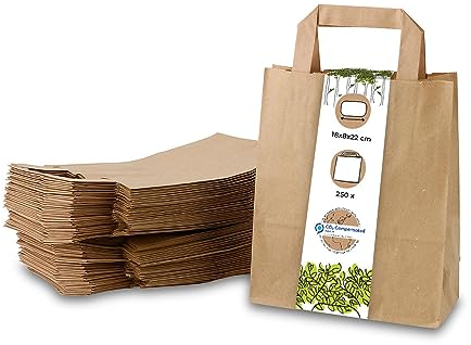 BIOZOYG Bolsas grandes de papel respetuosas del medio ambiente I Bolsas de regalo Bolsas de papel biodegradables, compostables I 250 x bolsas de papel marrón 18 x 8 x 22 cm