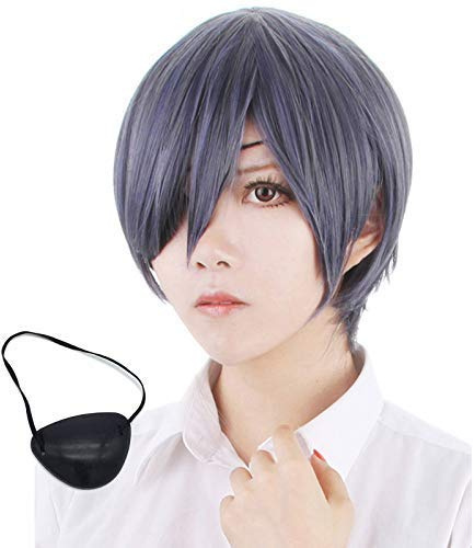 MUZI WIG Ciel Phantomhive Perruque cosplay courte et droite avec bonnet et cache-œil Noir