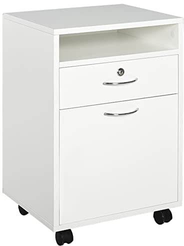 HOMCOM Cajonera de Oficina Móvil con Cajón y Gabinete Mueble Archivador con Ruedas Soporte de Impresora para Estudio 40x35x60 cm Blanco