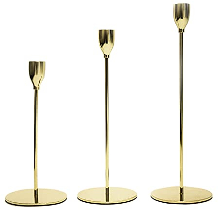 PUCHIKA Kerzenständer Gold 3er Set, Metall Gelbgold, hochwertig solide Säule, für Stabkerzen mit Durchmesser 2 cm, Deko für Valentinstag Weihnachten Hochzeit Zuhause Essen, 33/28/23cm