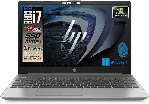 HP 250 G9 notebook portatile, Intel i7 12Gen 10 Core da 4.7 Ghz, Ram 24GB, SSD NVME 1TB, Display 15.6 FullHD, NVIDIA MX550 2GB, tastiera retroilluminata, fingerprint, Win 11 Pro, Pronto all'uso, Ita