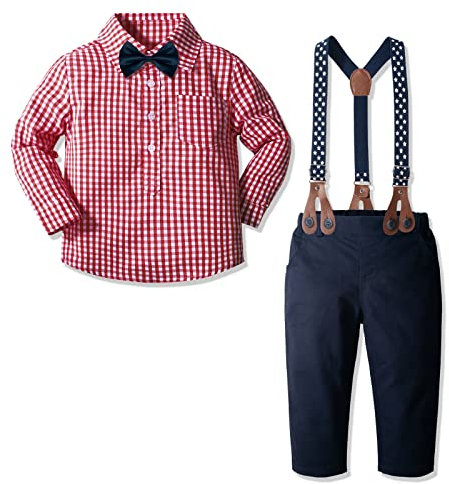 Yilaku Tuta da Bambino Camicia Scozzese + Papillon + Bretelle + Pantaloni 4 Pezzi Abiti da Sposa per Neonato Tuta di Compleanno (Rosso , 18-24 Mesi)