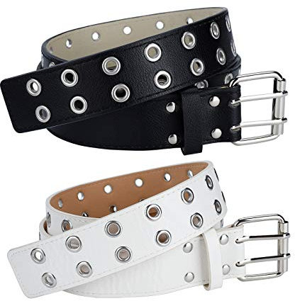 MengH-SHOP Doppelter Öse Ledergürtel PU Leder Ösengürtel Punk Goth Gürtel Nietengürtel Unisex Gürtel Doppelzinkenschnalle Gürtel für Damen und Herren 2 Stück (Schwarz und Weiß)