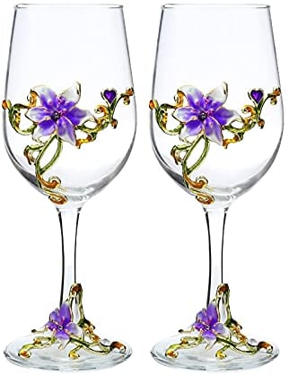 XUDREZ Verre à vin en forme de fleur en émail peint à la main sans plomb - Cadeau pour femme, maman, amie, fête des mères (lys violet)