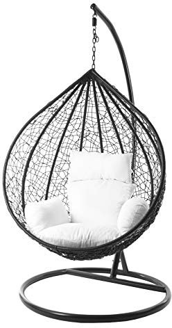 KIDEO Komplettset: großer Hängesessel mit Gestell & Kissen, Korbsessel, Poly-Rattan (Korb & Gestell: schwarz, Kissen: weiß Nest (1000 Snow))