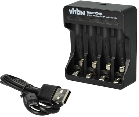 vhbw 4-Slot Battery Charger compatible with rechargeable AA/AAA batteries, Rechargeable Li-Ion Batteries - Micro-USB Charger